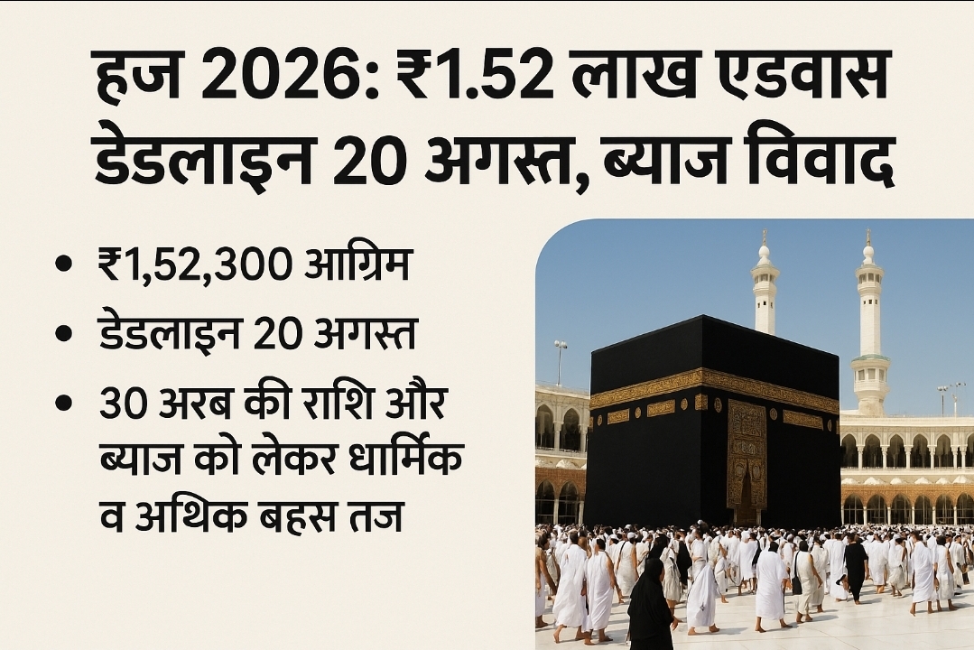 हज कमेटी ने हाजियों से ₹1.52 लाख अग्रिम मांगा, डेडलाइन 25 अगस्त। 30 अरब की राशि और ब्याज को लेकर धार्मिक व आर्थिक बहस तेज़।